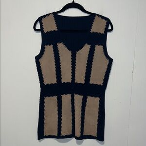 Vintage Knit Crochet Leather Suede Sleeveless Vest Button Up A930